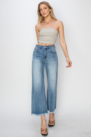 RISEN Raw Hem Cropped Wide Leg Jeans Trendsi