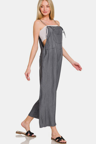 Zenana Washed Adjustable Strap Wide Leg Denim Overalls Trendsi