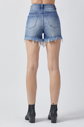 RISEN Raw Hem Asymmetrical Waist Denim Shorts Trendsi