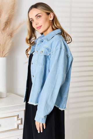 Double Take Dropped Shoulder Raw Hem Denim Jacket Trendsi