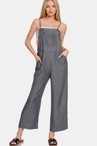 Zenana Washed Adjustable Strap Wide Leg Denim Overalls Trendsi