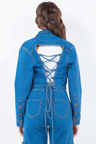 American Bazi Laced Back Cropped Denim Jacket Trendsi