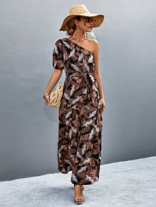 Printed Tie Waist One Shoulder Maxi Dress Trendsi