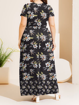 Plus Size Printed Round Neck Short Sleeve Maxi Dress Trendsi