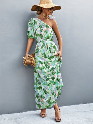 Printed Tie Waist One Shoulder Maxi Dress Trendsi