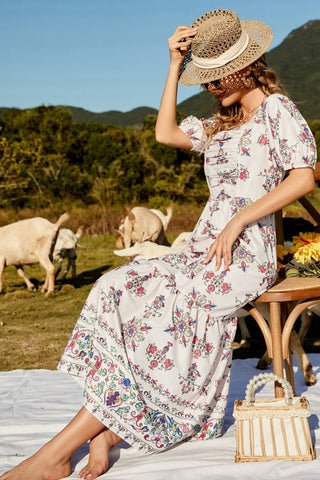 Floral Ruched Puff Sleeve Tiered Maxi Dress Trendsi