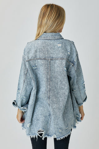 RISEN Distressed Raw Hem Denim Shirt Trendsi