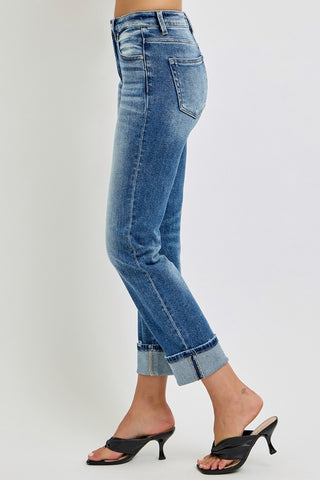 RISEN Full Size High Rise Crop Straight Roll Up Jeans Trendsi