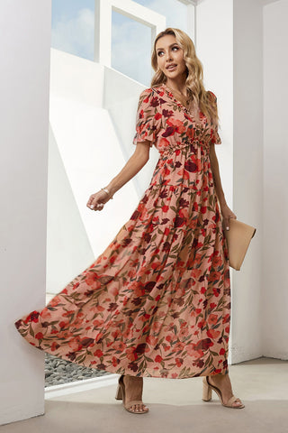 Floral V-Neck Short Flounce Sleeve Dress Trendsi