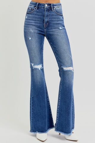 RISEN Full Size High Rise Distressed Raw Hem Flare Jeans Trendsi