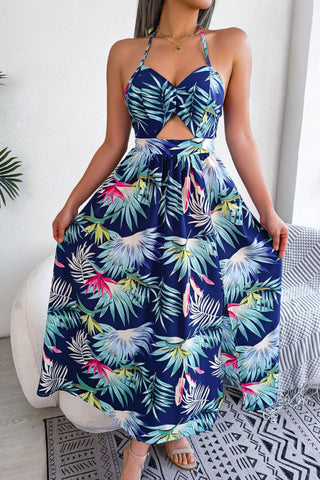 Botanical Print Tied Backless Cutout Slit Dress Trendsi