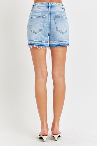 RISEN High Rise Distressed Hem Denim Shorts Trendsi