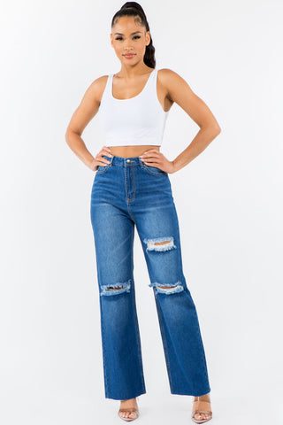 American Bazi High Waist Distressed Wide Leg Jeans Trendsi