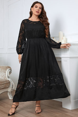 Honey Melo Apparel Plus Size Embroidery Round Neck Long Sleeve Maxi Dress Trendsi