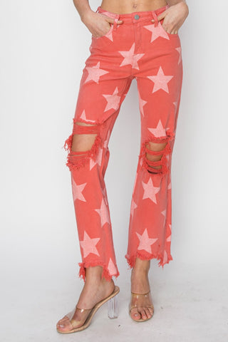 RISEN Full Size Distressed Raw Hem Star Pattern Jeans Trendsi