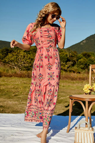 Floral Ruched Puff Sleeve Tiered Maxi Dress Trendsi