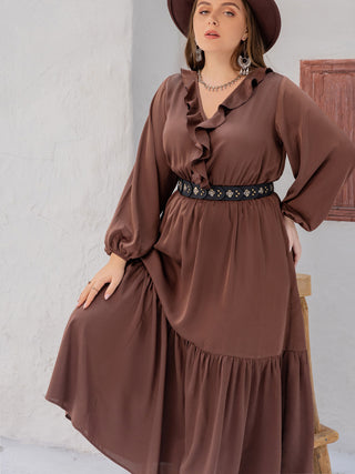 Plus Size V-Neck Ruffle Trim Maxi Dress Trendsi