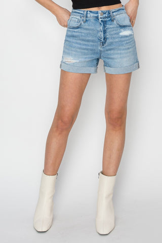 RISEN Distressed Mid-Rise Waist Denim Shorts Trendsi