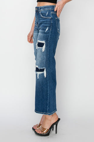 Risen Full Size High Rise Patch Detailed Wide Leg Crop Jeans Trendsi