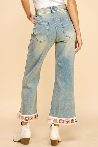 Davi & Dani Crochet Trim Flare Jeans with Pockets Trendsi