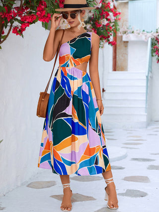 Printed Cutout One-Shoulder Sleeveless Dress Trendsi