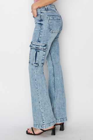 RISEN Full Size High Rise Cargo Flare Jeans Trendsi