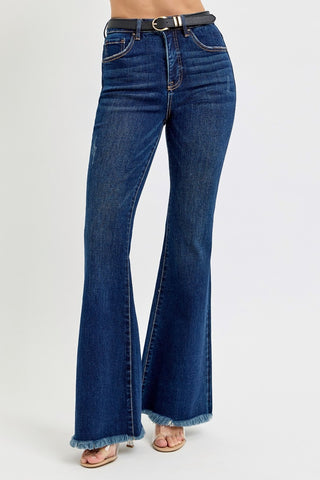 RISEN Tummy Control Frayed Hem Flare Jeans Trendsi