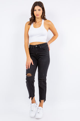 American Bazi High Waist Distressed Cropped Straight Jeans Trendsi