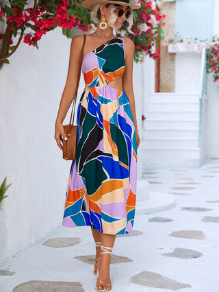 Printed Cutout One-Shoulder Sleeveless Dress Trendsi