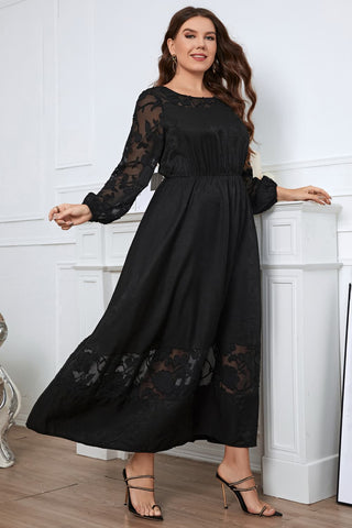 Honey Melo Apparel Plus Size Embroidery Round Neck Long Sleeve Maxi Dress Trendsi