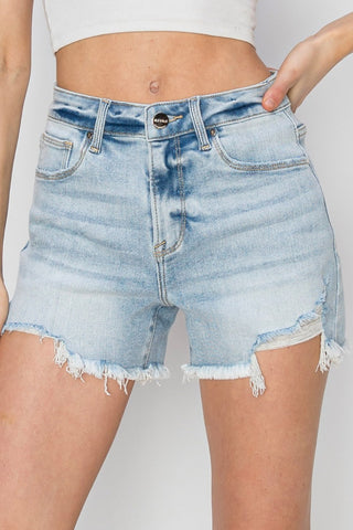 RISEN Full Size High Waist Frayed Detail Denim Shorts Trendsi