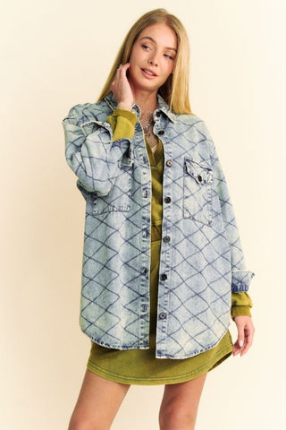 Davi & Dani Curved Hem Diamond Quilted Button Up Denim Shacket Trendsi