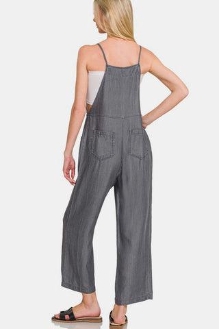 Zenana Washed Adjustable Strap Wide Leg Denim Overalls Trendsi