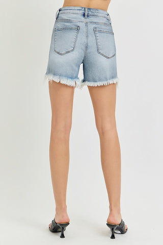 RISEN High Rise Side Step Hem Denim Shorts Trendsi