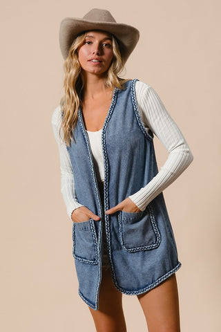 BiBi Braided Trim Open Front Denim Vest with Pockets Trendsi