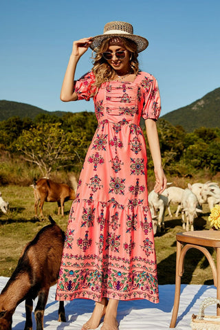 Floral Ruched Puff Sleeve Tiered Maxi Dress Trendsi