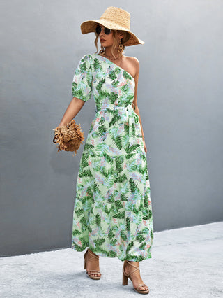 Printed Tie Waist One Shoulder Maxi Dress Trendsi