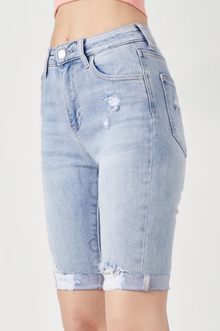 RISEN High Rise Distressed Denim Bermuda Shorts Trendsi