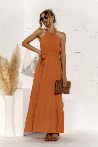 Halter Neck Tie Waist Tiered Maxi Dress Trendsi