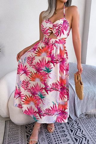 Botanical Print Tied Backless Cutout Slit Dress Trendsi