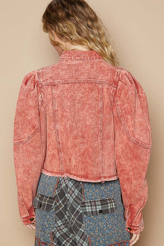 POL Raw Hem Button Up Cropped Denim Jacket Trendsi