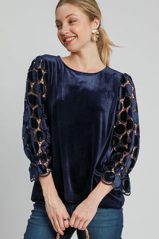 Umgee Polka Dot Lace Long Sleeve Round Neck Blouse Trendsi