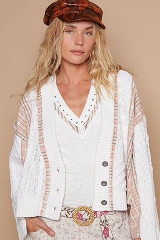 POL Cable-Knit Plaid V-Neck Button Up Cardigan Trendsi