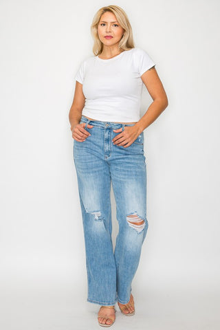 bytos Full Size Distressed High Rise Straight Jeans Trendsi