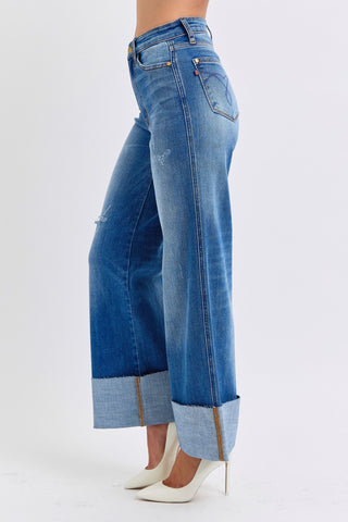 Judy Blue Full Size Distressed High Waist Wide Leg Jeans Trendsi