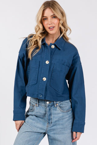 bytos Button Down Cropped Denim Jacket with Patch Pockets Trendsi