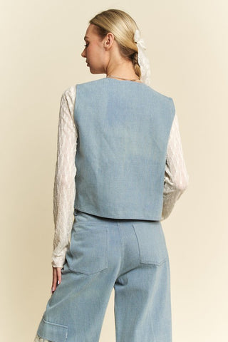 Davi & Dani Lace Patch Open Front Denim Vest Trendsi