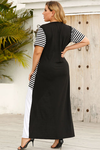 Plus Size Striped Color Block Round Neck Dress Trendsi