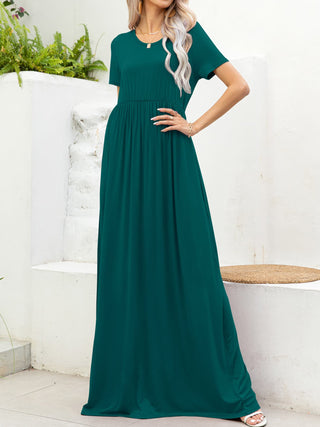 Round Neck Short Sleeve Maxi Dress with Pockets Trendsi