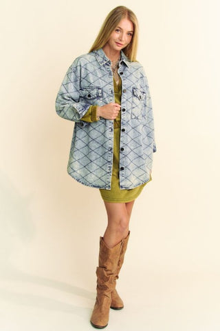 Davi & Dani Curved Hem Diamond Quilted Button Up Denim Shacket Trendsi